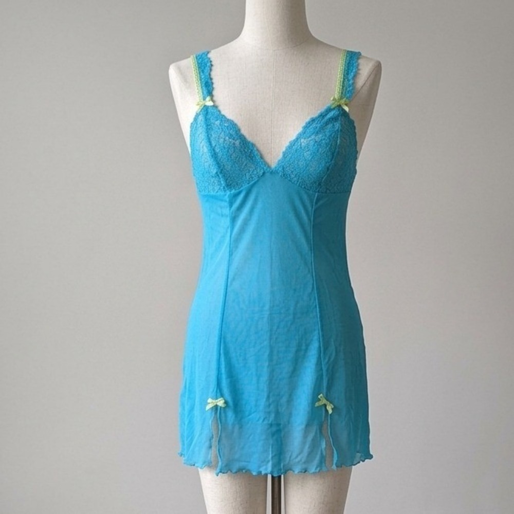 Vintage Y2K Fredericks of Hollywood Blue Lace Mesh Slip Dress Fairy Coquette M